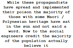  While these propagandists have spread and implemented their poison the majority of those with some Maori / Polynesian heritage have sat in the sun and not said a word. Now to the social engineers credit the majority of the population actually believe it 